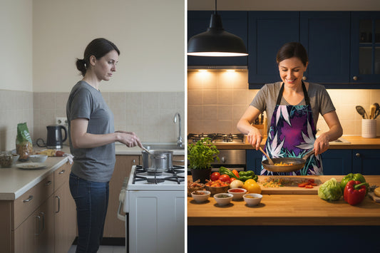 Two women cooking in separate kitchens, one in a modern kitchen and the other in a well-lit kitchen with ingredients.