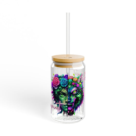 Dual Face – Mother Nature and Her Wild Side Sipper Glass, 16oz Tempered Glass with Bamboo Lid & Straw Option