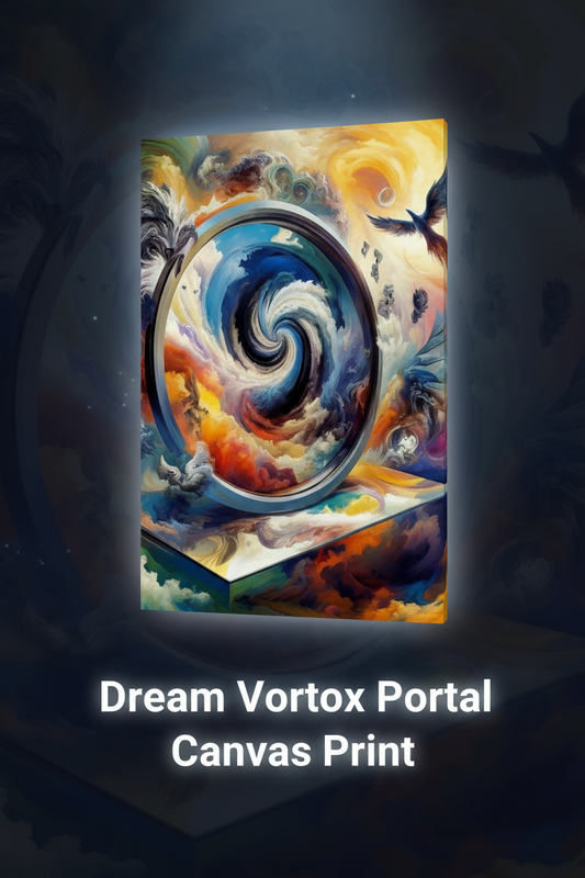 Colorful abstract artwork titled 'Dream Vortex Portal' on a dark background