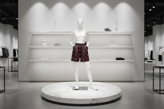 Mannequin wearing floral shorts in a store setting with shelves in the background
