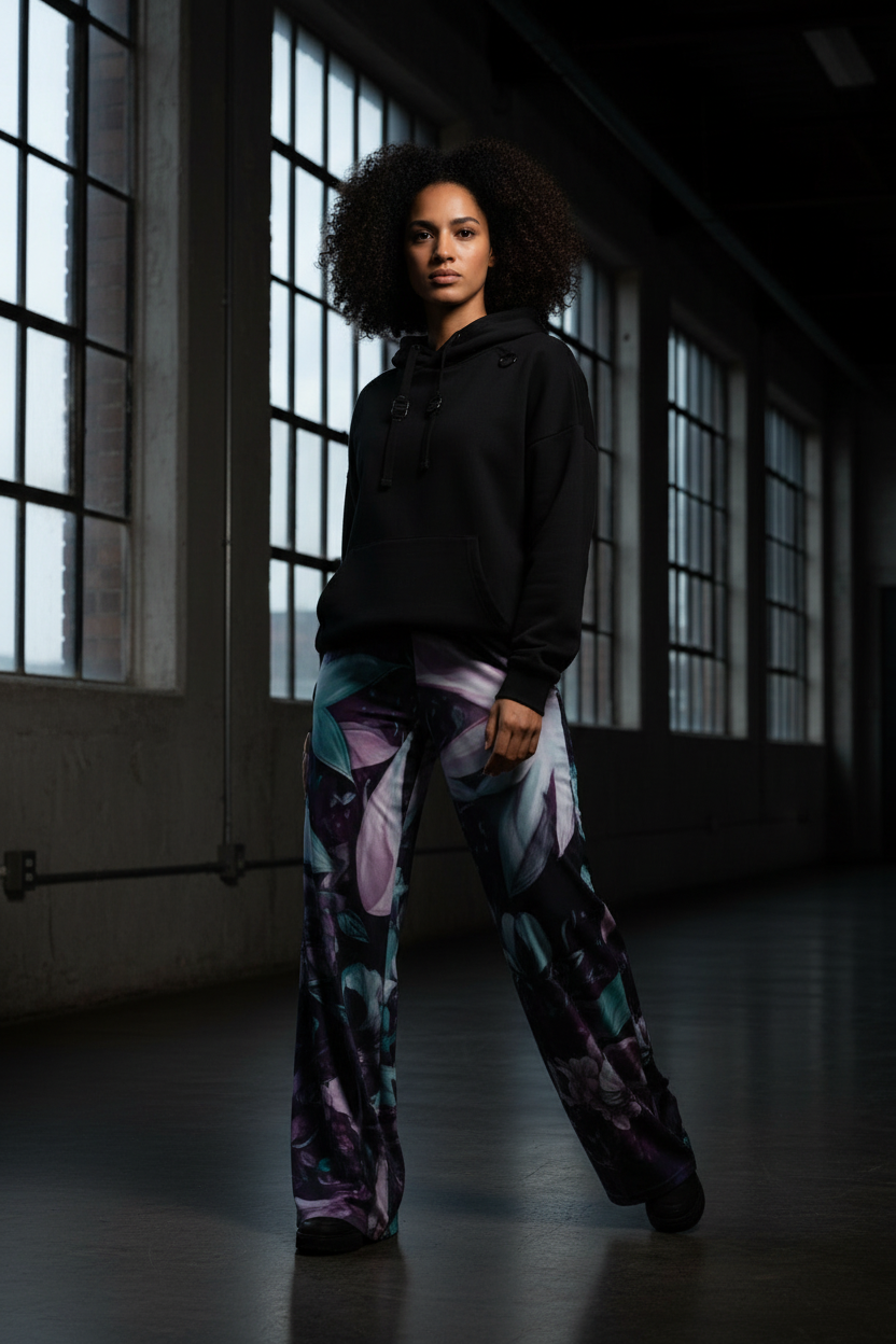 Person wearing a black hoodie and colorful pants in a dimly lit room with large windows.