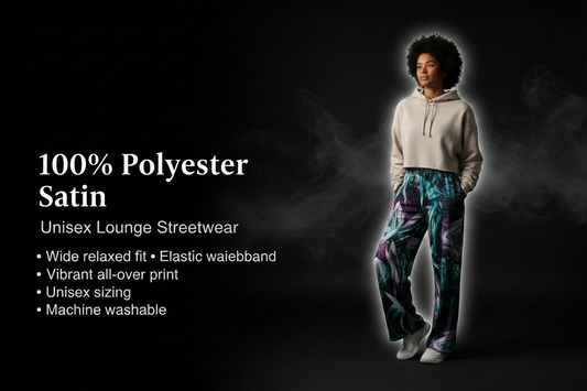 Person wearing colorful wide-leg pants with text 'Elemental Drift Wide-Leg Pants' on a dark background