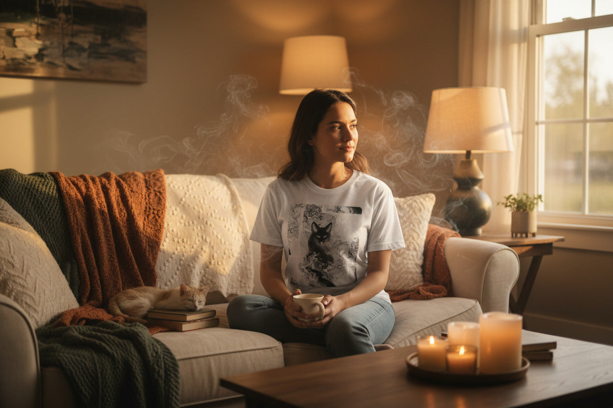 Woman sitting on a couch in a cozy living room with candles and a cat.