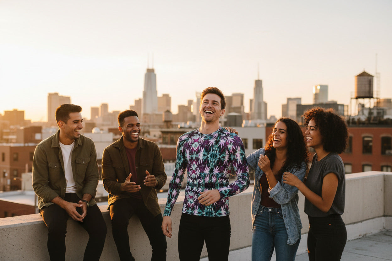 Group of friends laughing together on a rooftop with city skyline in the background