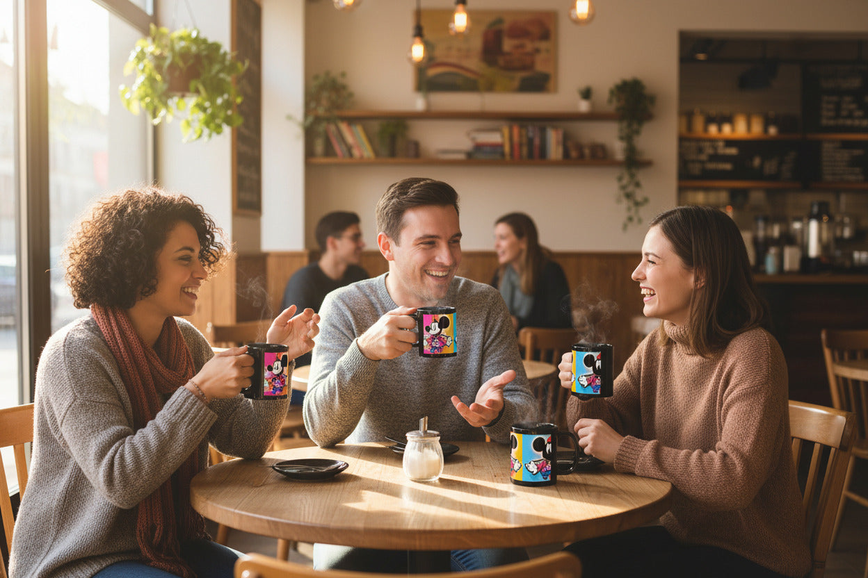 Three friends sitting at a table in a cafe, each holding a colorful mug.