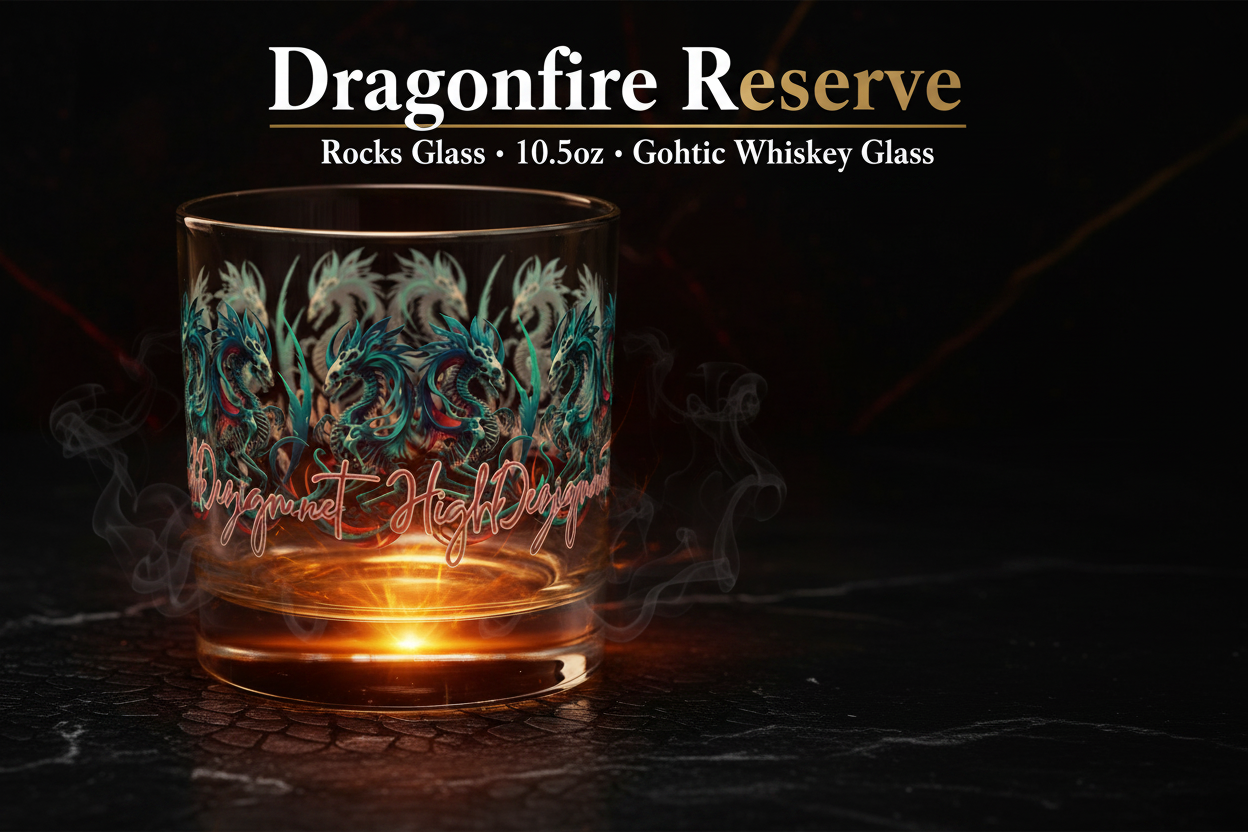 Dragonfire Reserve whiskey glass with dragon design on a dark background