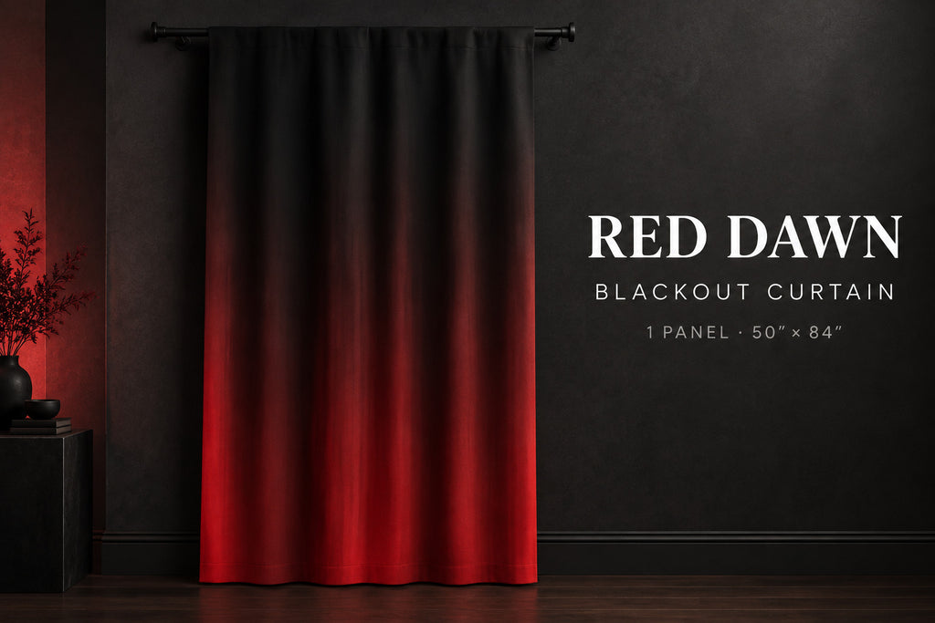 A single blackout curtain hanging from a black rod against a dark wall, with the text 'RED DAWN BLACKOUT CURTAIN' and '1 PANEL - 50" x 84"' on the right. The curtain has a black-to-red gradient design, fading from black at the top to a deep red at the bottom.
