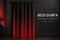 A single blackout curtain hanging from a black rod against a dark wall, with the text 'RED DAWN BLACKOUT CURTAIN' and '1 PANEL - 50" x 84"' on the right. The curtain has a black-to-red gradient design, fading from black at the top to a deep red at the bottom.