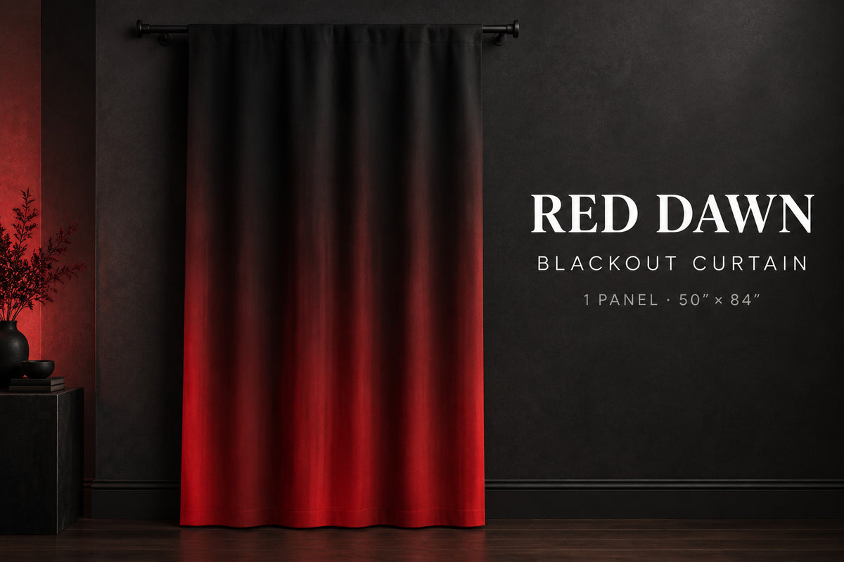 A single blackout curtain hanging from a black rod against a dark wall, with the text 'RED DAWN BLACKOUT CURTAIN' and '1 PANEL - 50" x 84"' on the right. The curtain has a black-to-red gradient design, fading from black at the top to a deep red at the bottom.