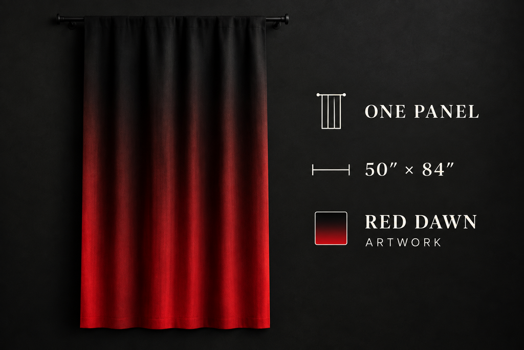 A single curtain panel hanging on a black rod against a black background, with text on the right describing the product as one panel, 50 x 84 inches, and named Red Dawn Artwork.