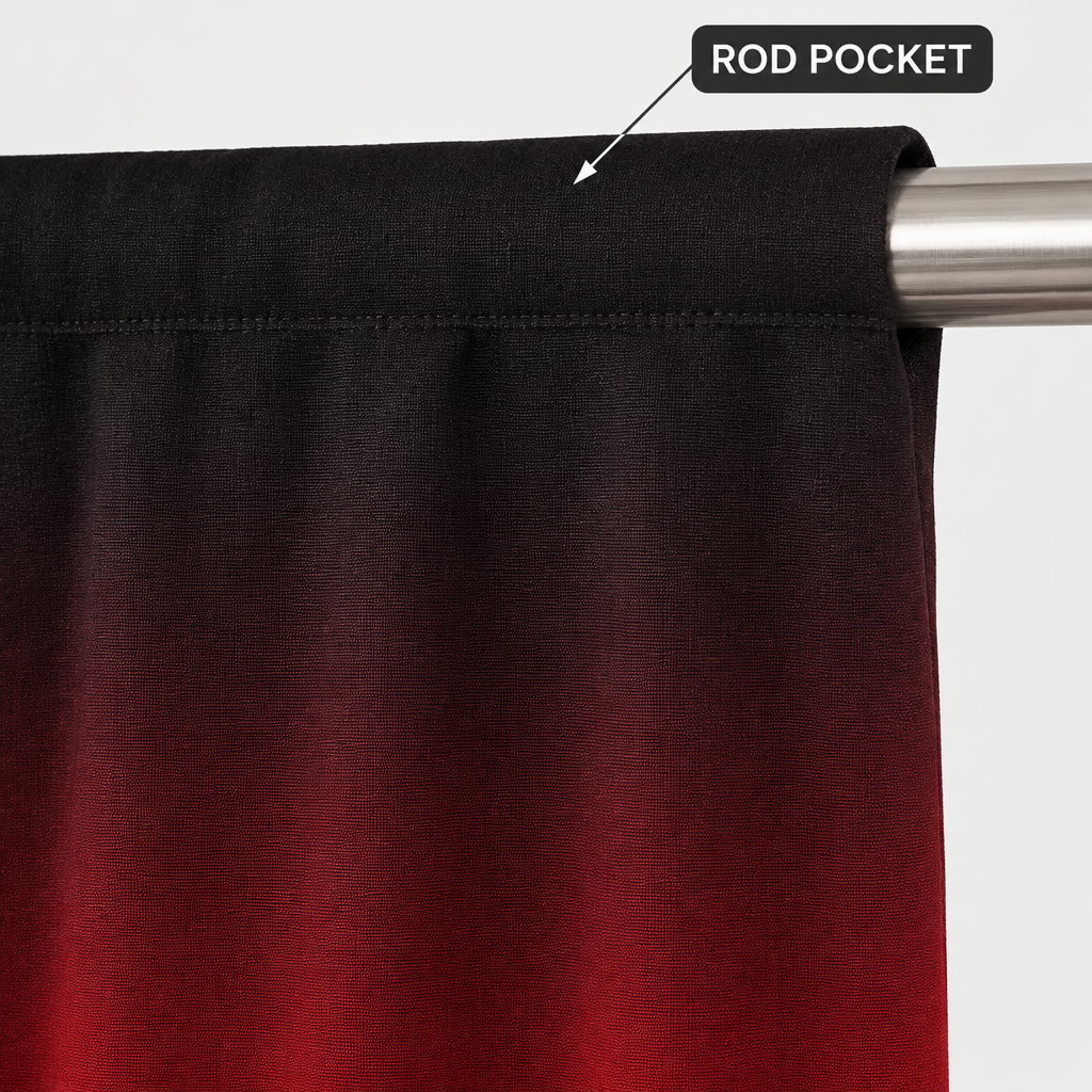 Close-up of a curtain panel hanging from a metal rod, showing a black-to-red gradient fabric with a labeled rod pocket seam at the top.