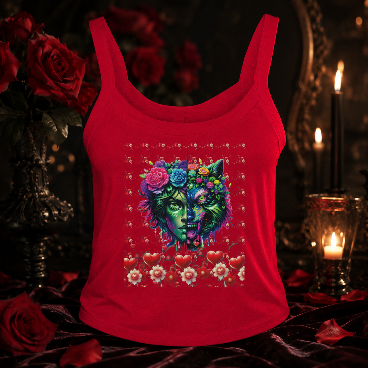 A red sleeveless tank top with a colorful graphic print of a split human face and wolf head surrounded by roses, hearts, and flowers, displayed in a dark, romantic setting with candles and red roses.