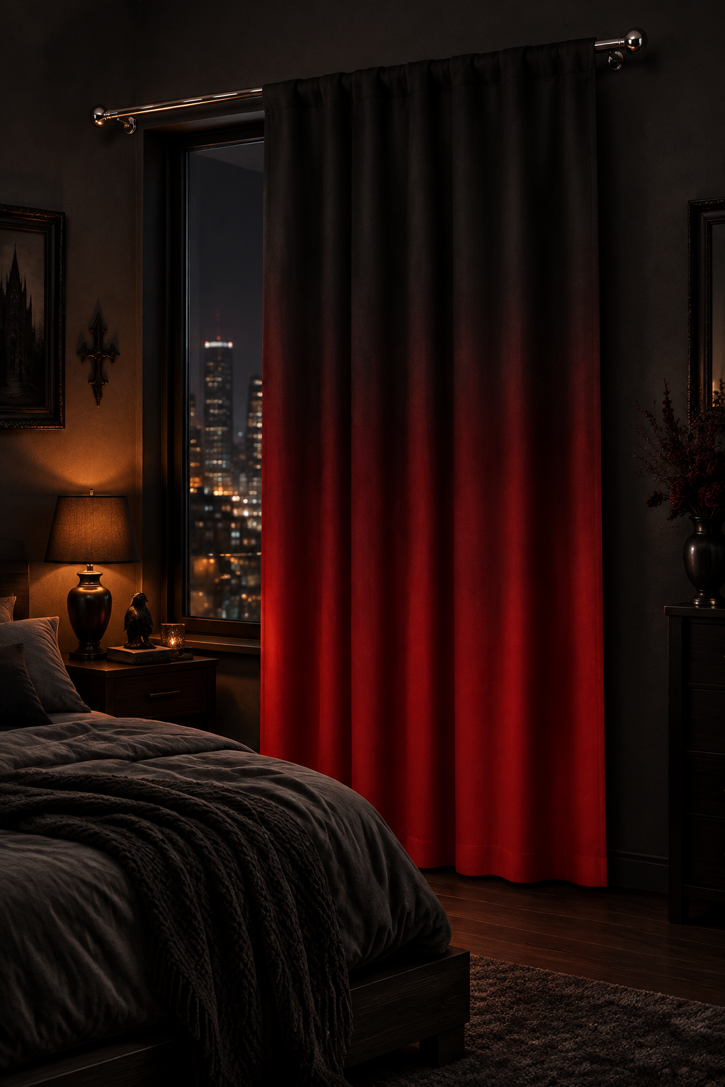 A dark red curtain panel hanging in front of a window in a dimly lit bedroom, with a city skyline visible outside at night.