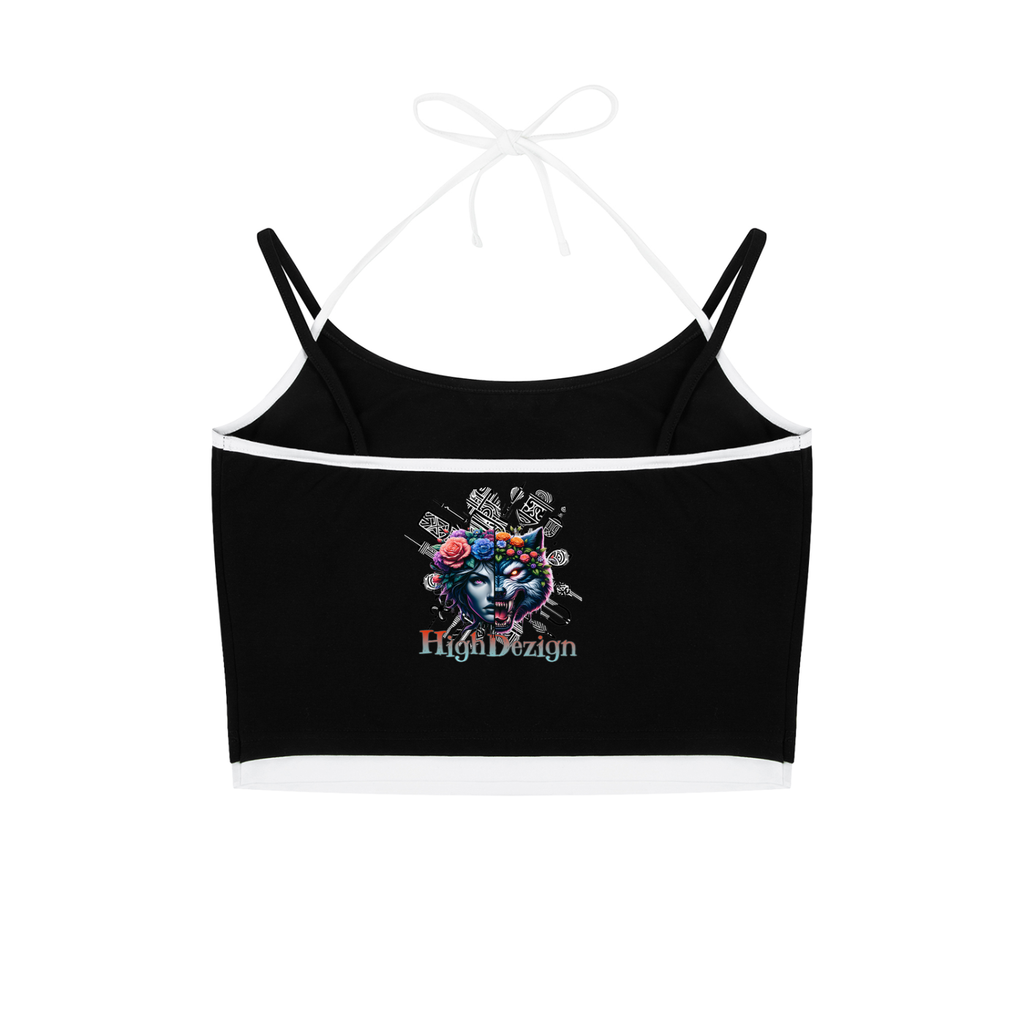 Black crop top with a colorful graphic design on a white background