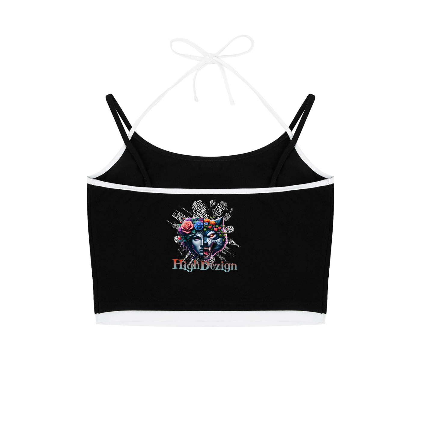 Black crop top with a colorful graphic design on a white background