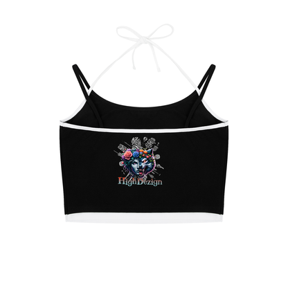 Black crop top with a colorful graphic design on a white background