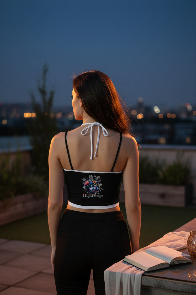 Woman in a black crop top with white details standing on a rooftop at night, looking over a cityscape.