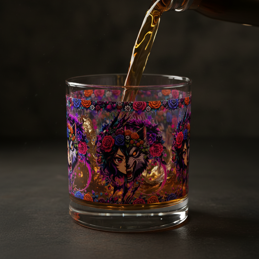 Glass with artistic wolf design being filled with liquid on a dark background
