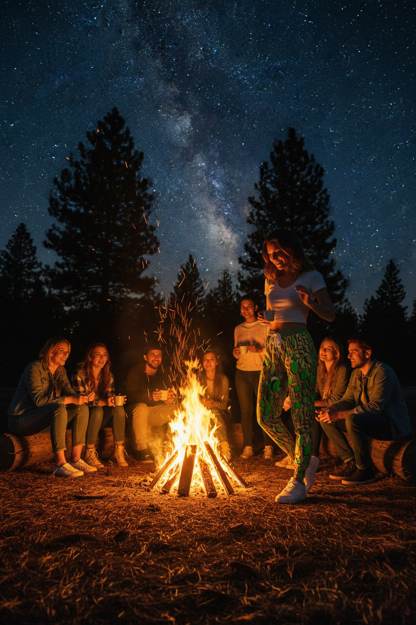 Group of people gathered around a campfire under a starry night sky with the Milky Way visible.