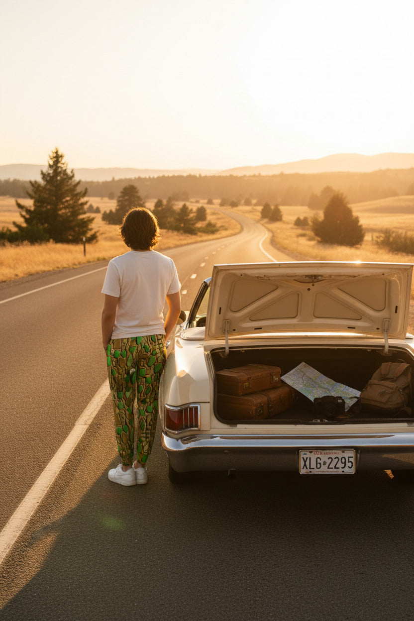 Person standing next to an open car trunk on a road with a scenic background