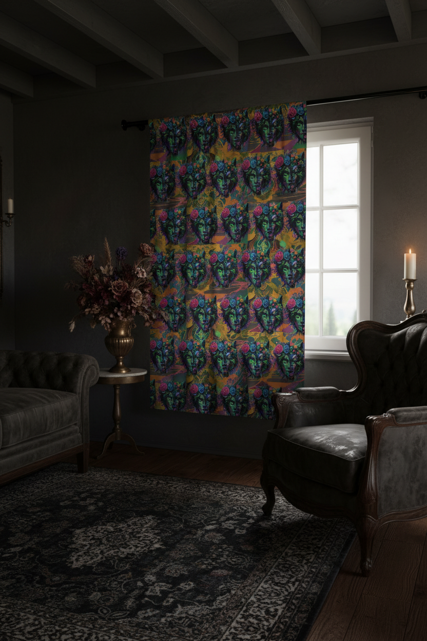 Dark room with patterned curtain, sofa, and chair.