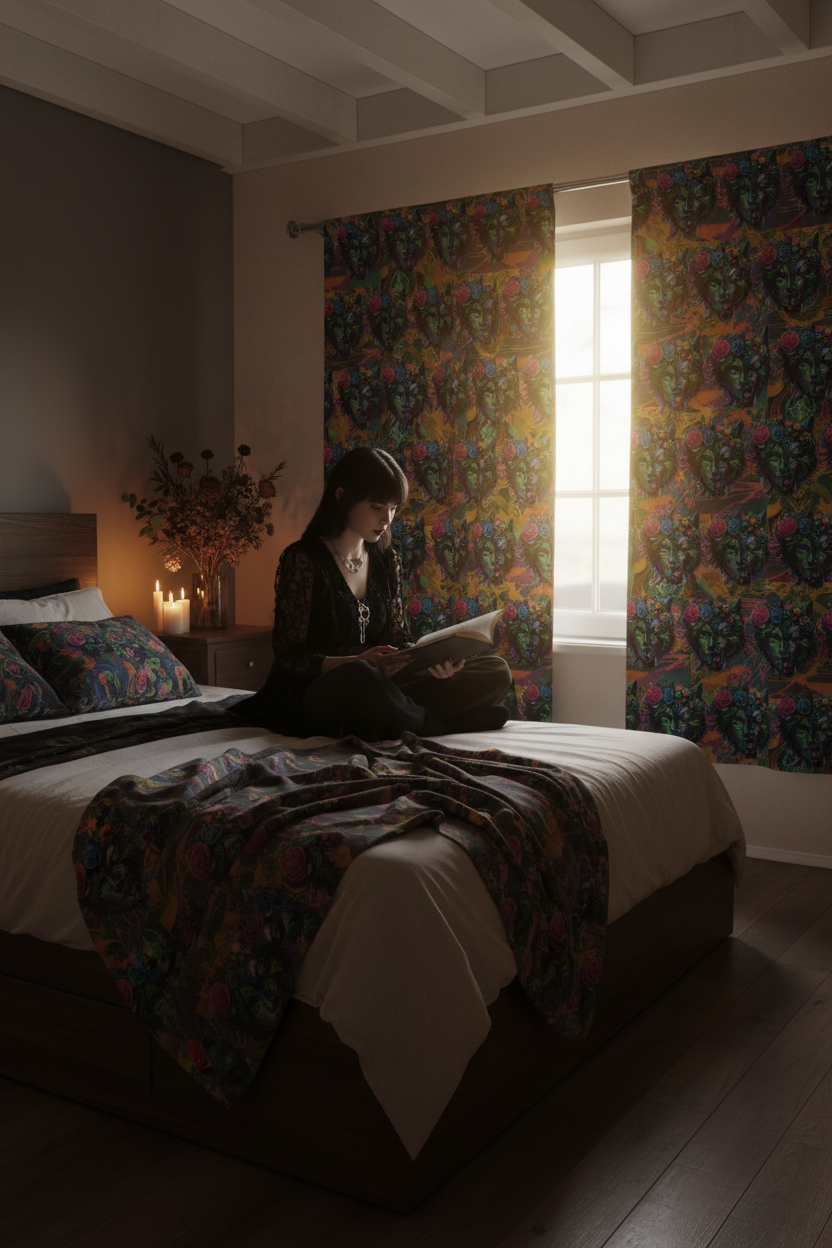 Person sitting on a bed in a dimly lit room with colorful curtains.