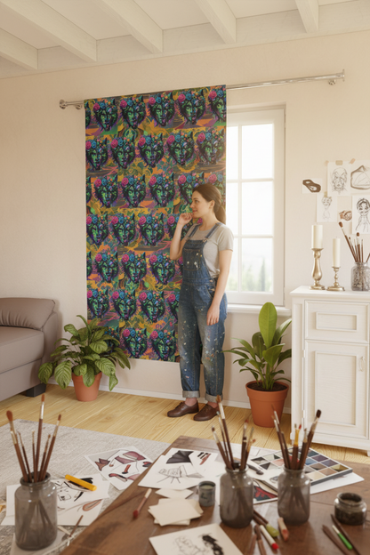 Woman standing in a room with a colorful tapestry on the wall, surrounded by art supplies on a table.