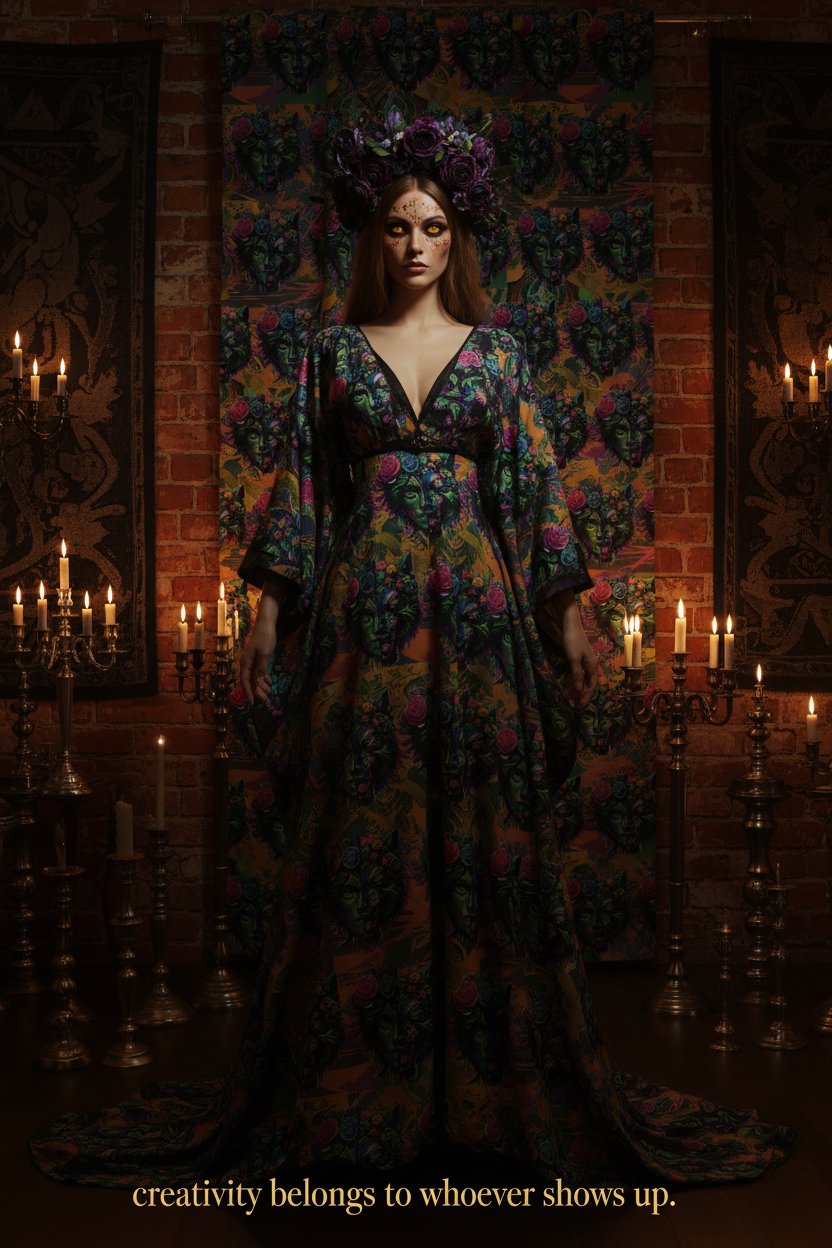 Woman in a dark, patterned dress standing in a candlelit room with ornate wall designs.