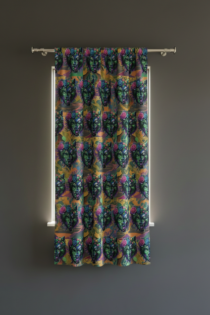Colorful patterned curtain on a dark background