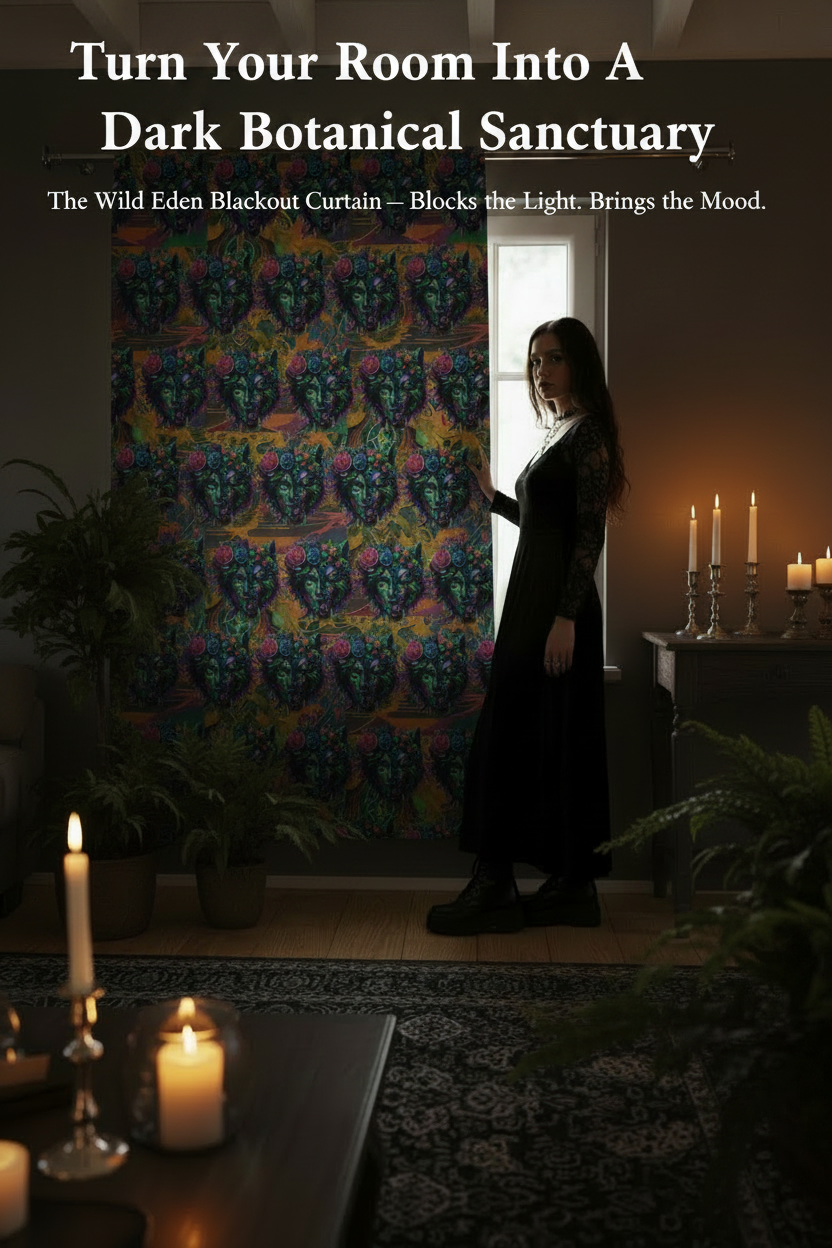 Woman in a dark dress standing in a dimly lit room with colorful tapestry and candles.