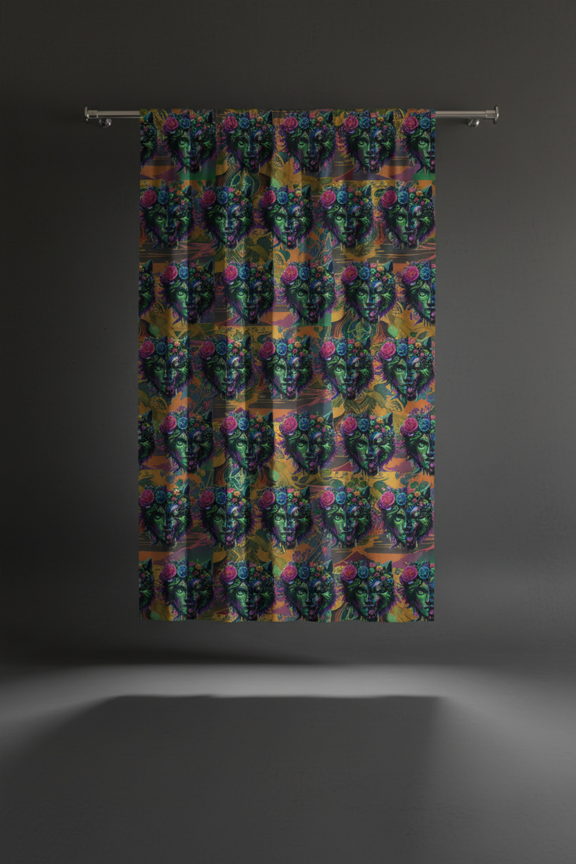 Colorful patterned fabric hanging on a rod against a dark background