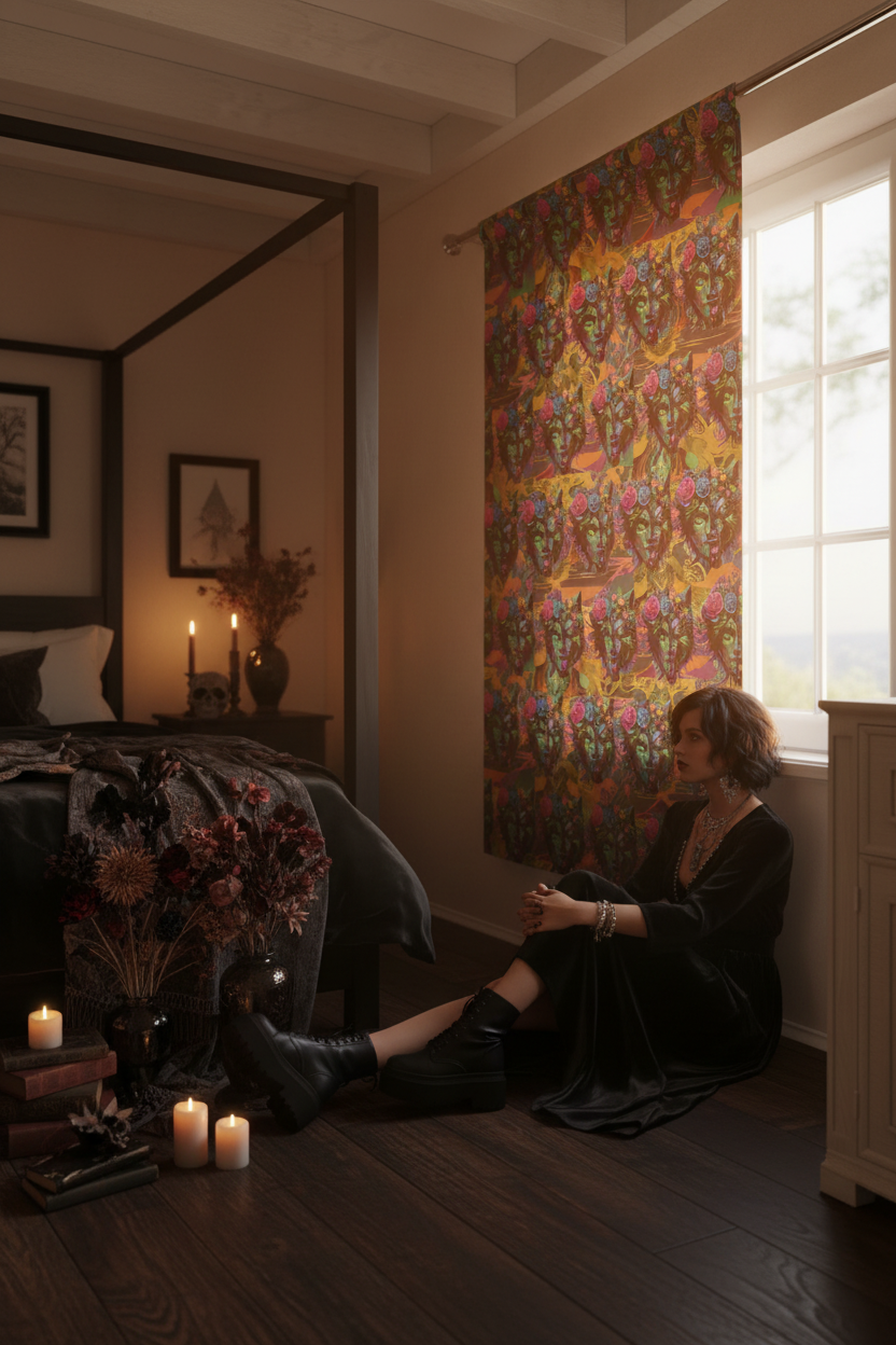 Woman sitting on a bed in a dimly lit room with candles and decorative tapestries.