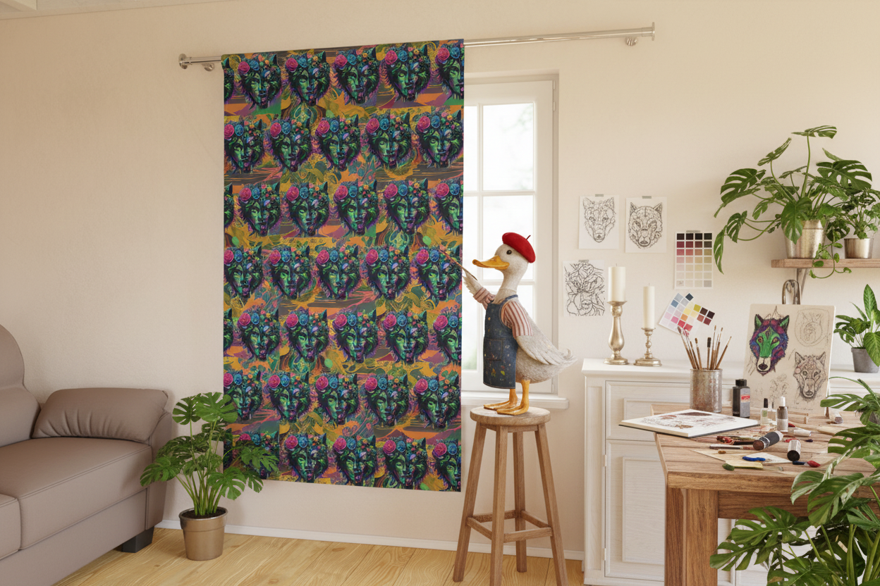 Living room with a colorful curtain featuring a pattern of faces, a table with decor items, and a plant.