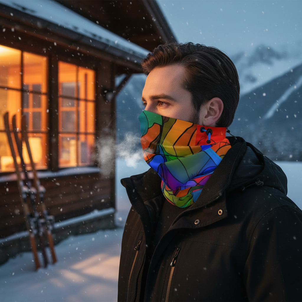 Person wearing a colorful scarf in front of a snowy cabin