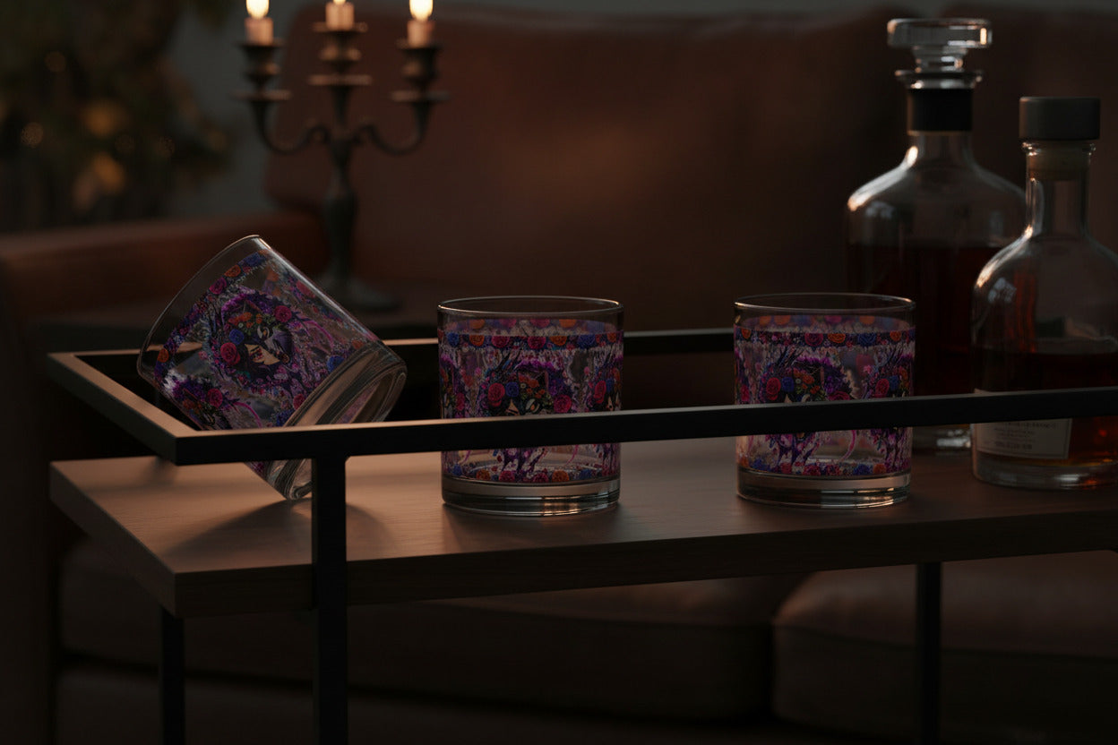 Set of three glass tumblers with colorful designs on a white background
