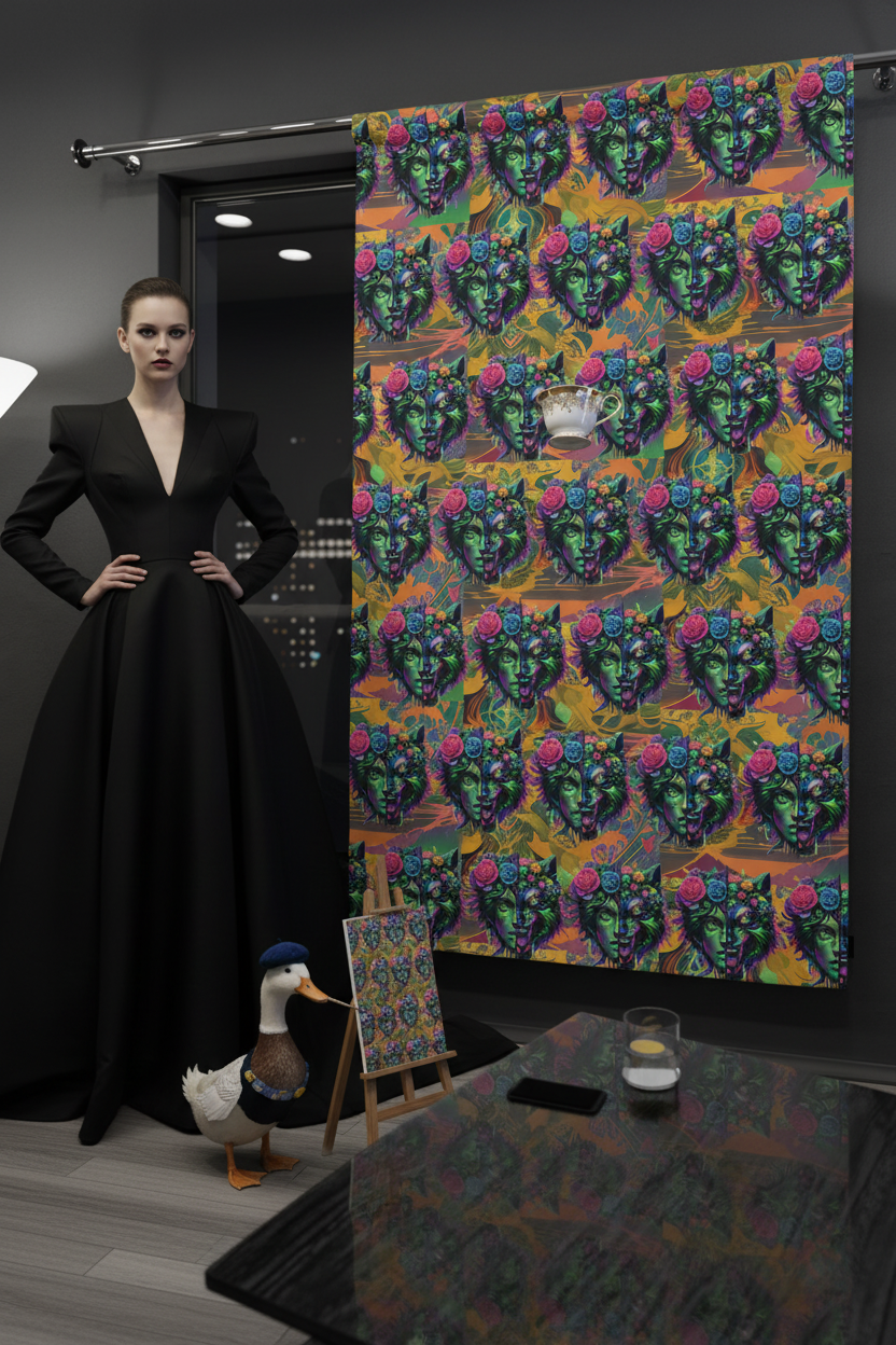 Woman in a black dress standing next to a colorful patterned curtain in a room with a desk and chair.