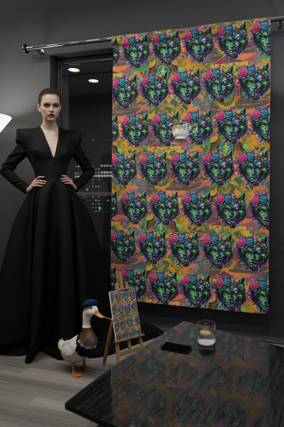 Woman in a black dress standing next to a colorful patterned curtain in a room with a desk and chair.