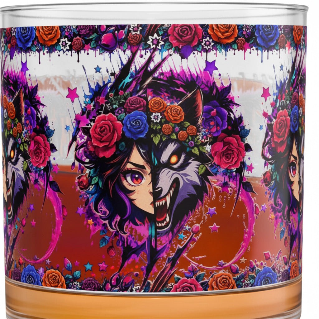 Hand holding a glass mug with a colorful design of a woman with a wolf head and floral elements.
