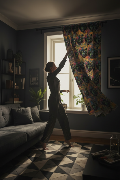 Woman adjusting colorful curtains in a living room with a gray sofa and patterned floor.