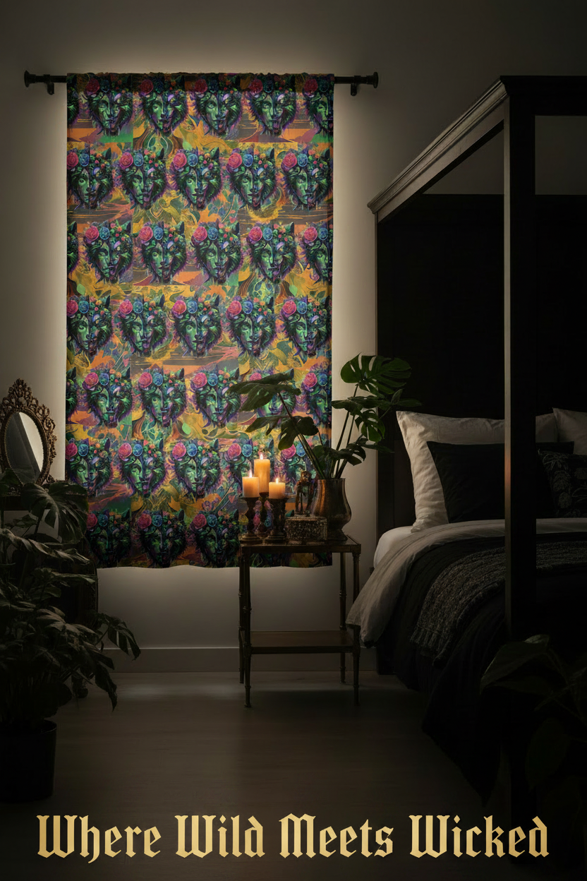 Colorful patterned curtain in a dimly lit bedroom with a bed and candles on a table.