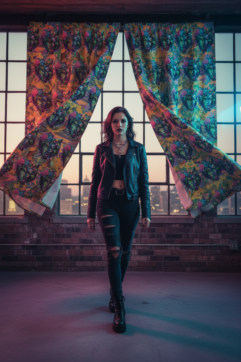 Woman in a stylish outfit standing in front of colorful abstract curtains.