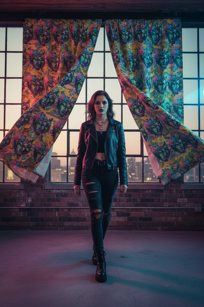 Woman in a stylish outfit standing in front of colorful abstract curtains.