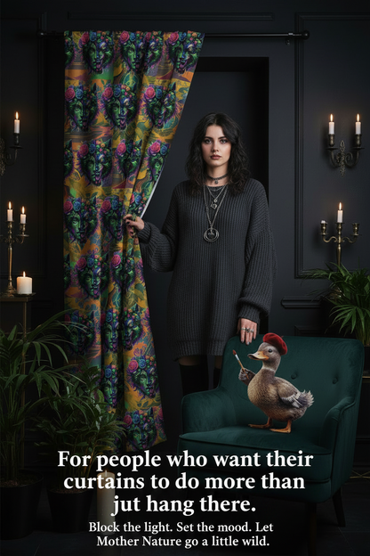Woman standing in a dark room with colorful curtains and candles, holding a duck figurine.