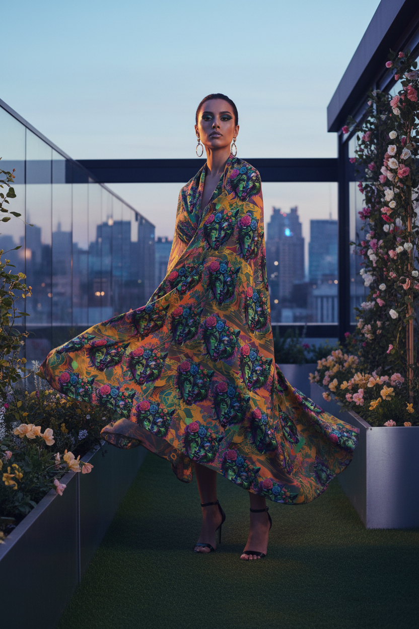 Woman in a colorful floral dress standing on a rooftop with city skyline in the background