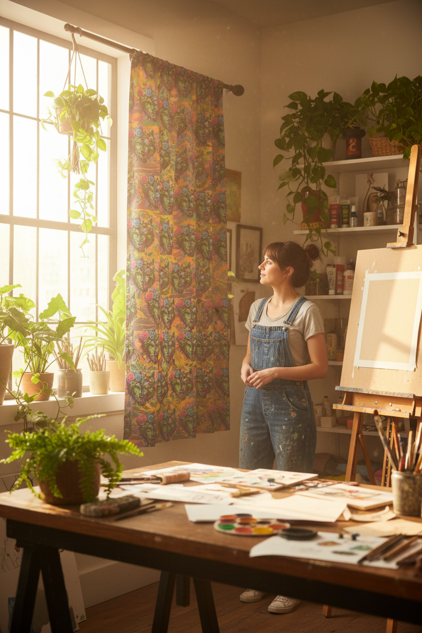 Woman in a studio with plants and art supplies, standing by a large window.