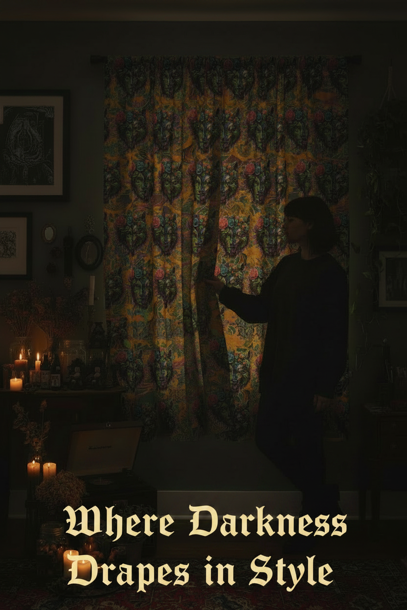 Person standing in a dimly lit room with colorful curtains and candles.