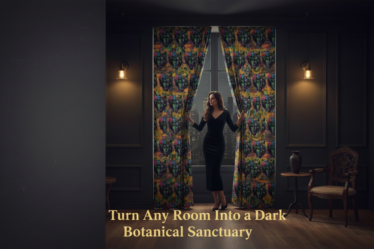 Woman in a black dress standing in a room with colorful patterned curtains.