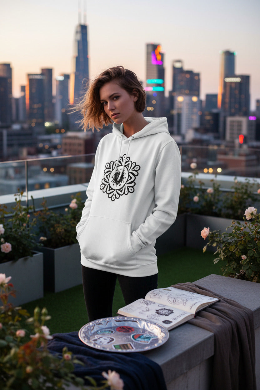 A woman stands on a rooftop terrace wearing a white pullover hoodie with a black mandala-style graphic on the chest. The background shows a city skyline at dusk, with potted plants and a table in the foreground holding an open book, a decorative plate, and a dark draped fabric.