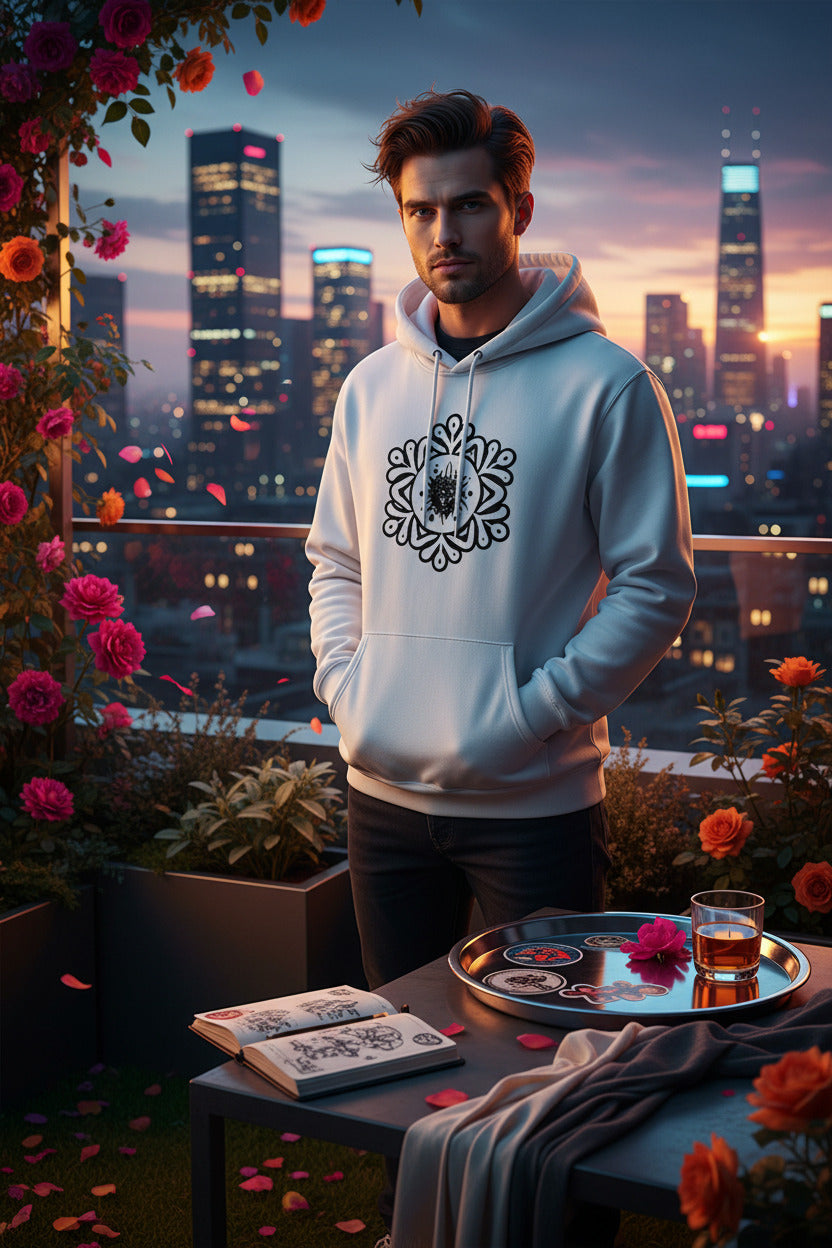 A man stands on a rooftop balcony at dusk wearing a light gray hoodie with a black ornamental chest graphic. The background shows a city skyline with illuminated skyscrapers, flowers framing the scene, and a table in the foreground with a book, tray, and glass.