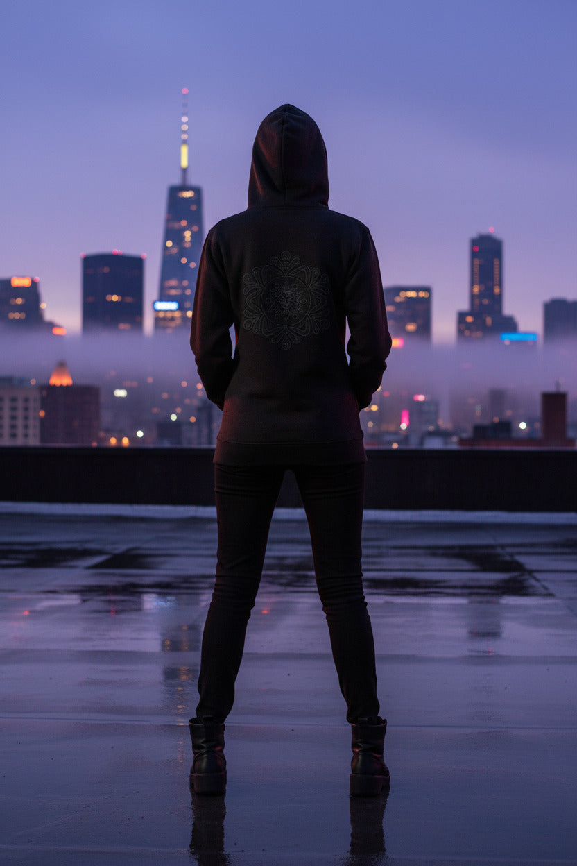 A person stands on a rooftop at dusk facing a city skyline, wearing a dark hoodie with a circular graphic on the back, dark pants, and boots. The scene is silhouetted against a purple-blue twilight sky with city lights and mist.